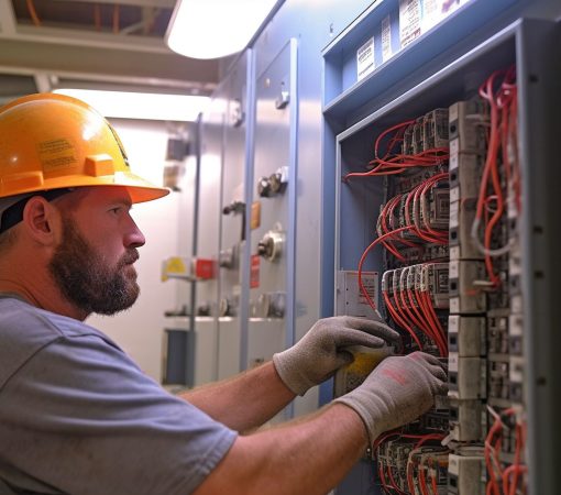 Electricista con casco de seguridad trabajando en un panel electrico y eficiencia energetica en un edificio